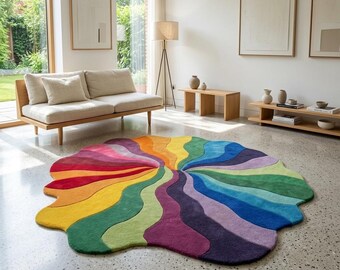 Tapete tufado à mão com espirais de arco-íris, tapete abstrato colorido, tapete moderno multicolorido para o chão.