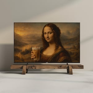 Op de afbeelding: Digitale print van de Mona Lisa met een ijskoffie. Het kunstwerk wordt weergegeven op een groot, zwart scherm, geplaatst op een rustieke houten standaard. De achtergrond toont een landschap met een warm, goudkleurig palet.