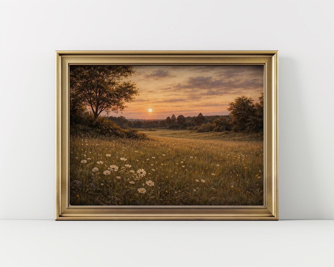 Sunset Meadow Wall Art Printable, Golden Field Landscape Painting ...