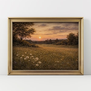 Puede incluir: Una pintura de paisaje enmarcada representa una puesta de sol sobre un campo de flores silvestres. La obra de arte presenta un marco dorado y una cálida paleta de colores de amarillos, naranjas y marrones, creando una escena serena y natural.