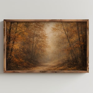Autumn Forest Path Frame TV Art, Misty Fall Woodland Landscape, Rustic Nature Wall Decor, Moody Golden Trees Artwork Digital Download