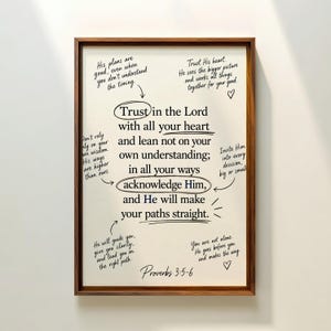 Peut inclure: Une impression murale encadrée présentant le verset biblique Proverbes 3:5-6 en texte noir sur fond crème. Le texte central est entouré d'annotations et de flèches de style manuscrit qui fournissent des commentaires et des encouragements.
