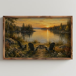 Autumn Lake Sunset Frame TV Art, Cozy Cabin Landscape, Rustic Adirondack Chairs, Golden Forest Wall Decor, Peaceful Nature Digital Download