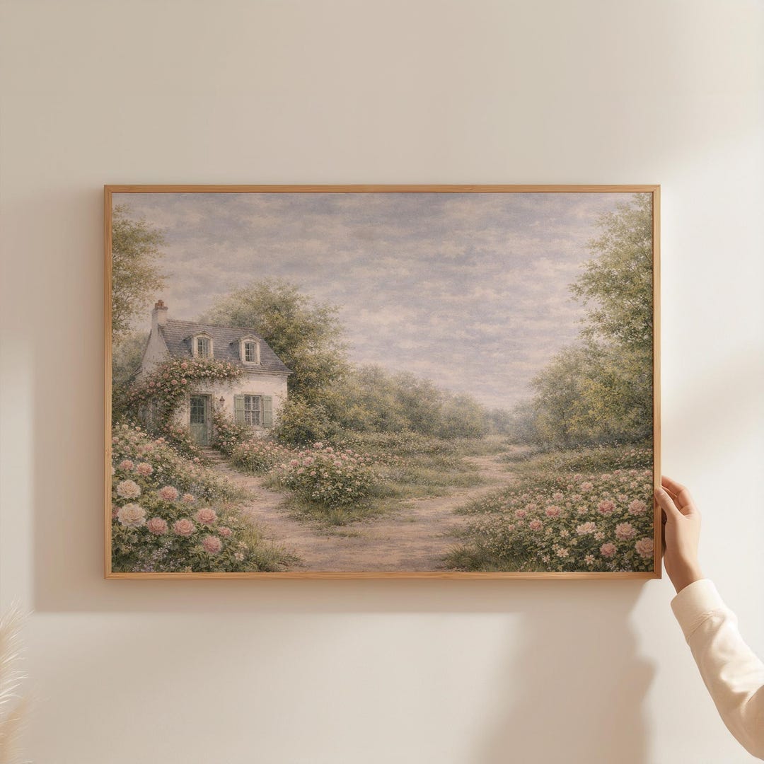 Cottage Garden House Printable Wall Art, Romantic Floral Landscape ...