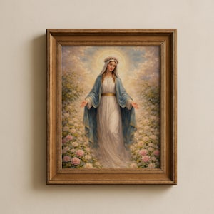 May include: A framed religious artwork depicts a woman in a white gown and blue cloak, surrounded by flowers. The woman has a halo and a floral crown. The artwork is in a brown wooden frame.