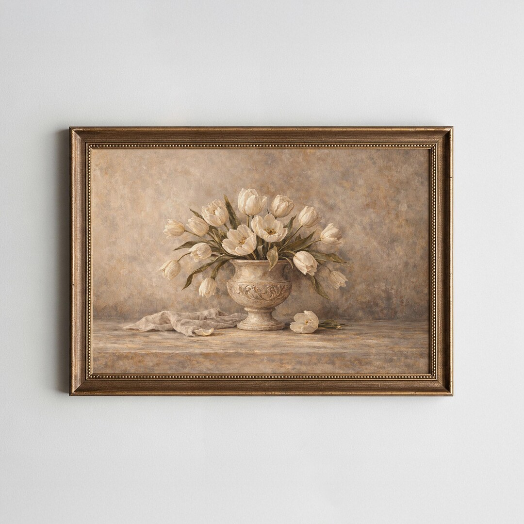 Neutral Tulip Still Life Wall Art, Vintage Floral Oil Painting, Beige ...