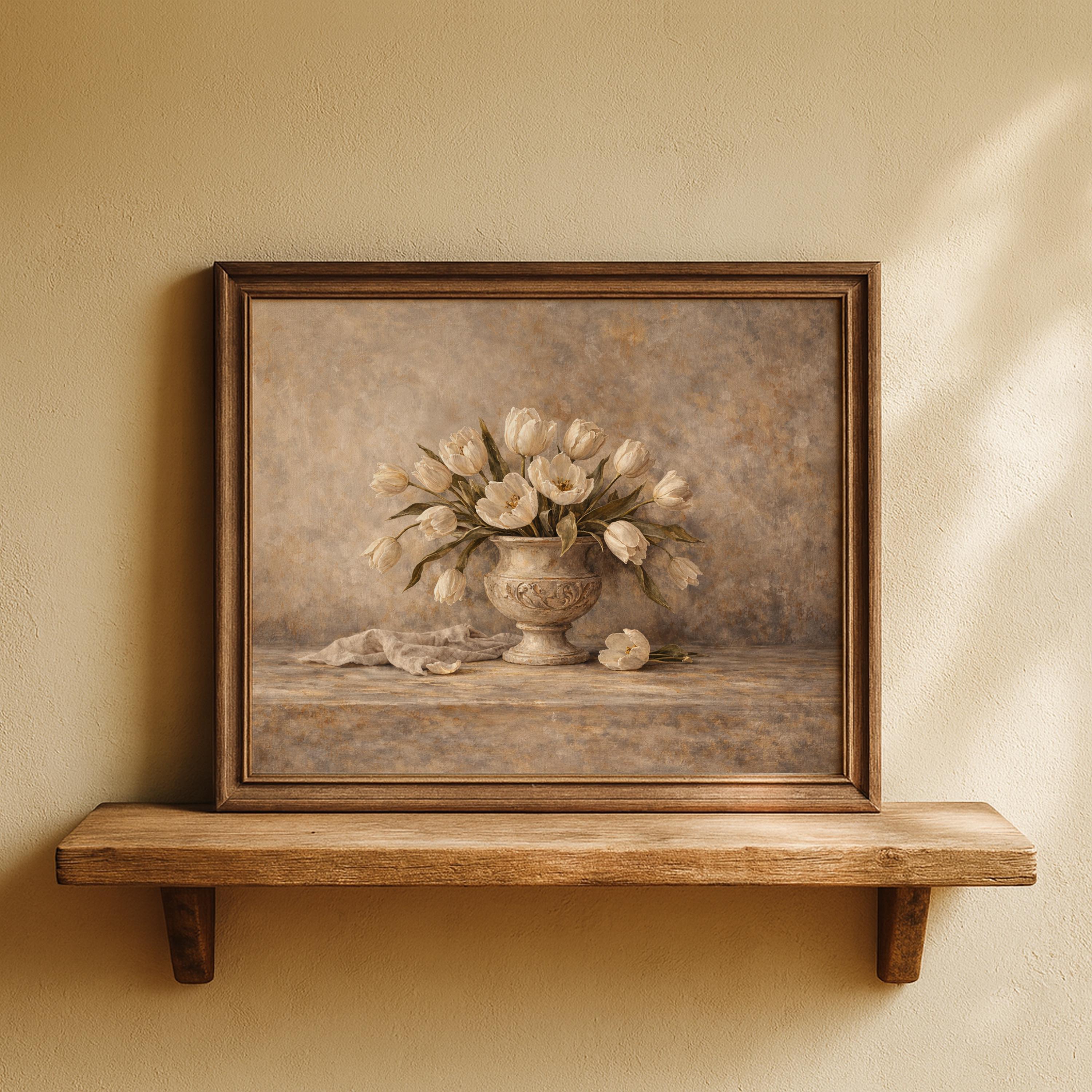Neutral Tulip Still Life Wall Art, Vintage Floral Oil Painting, Beige ...