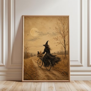 May include: A framed wall art print depicting a figure in a long black dress and pointed hat riding a bicycle along a dirt path. A black cat sits in the front basket. The scene features a full moon in a sepia-toned sky with dry grass and trees.