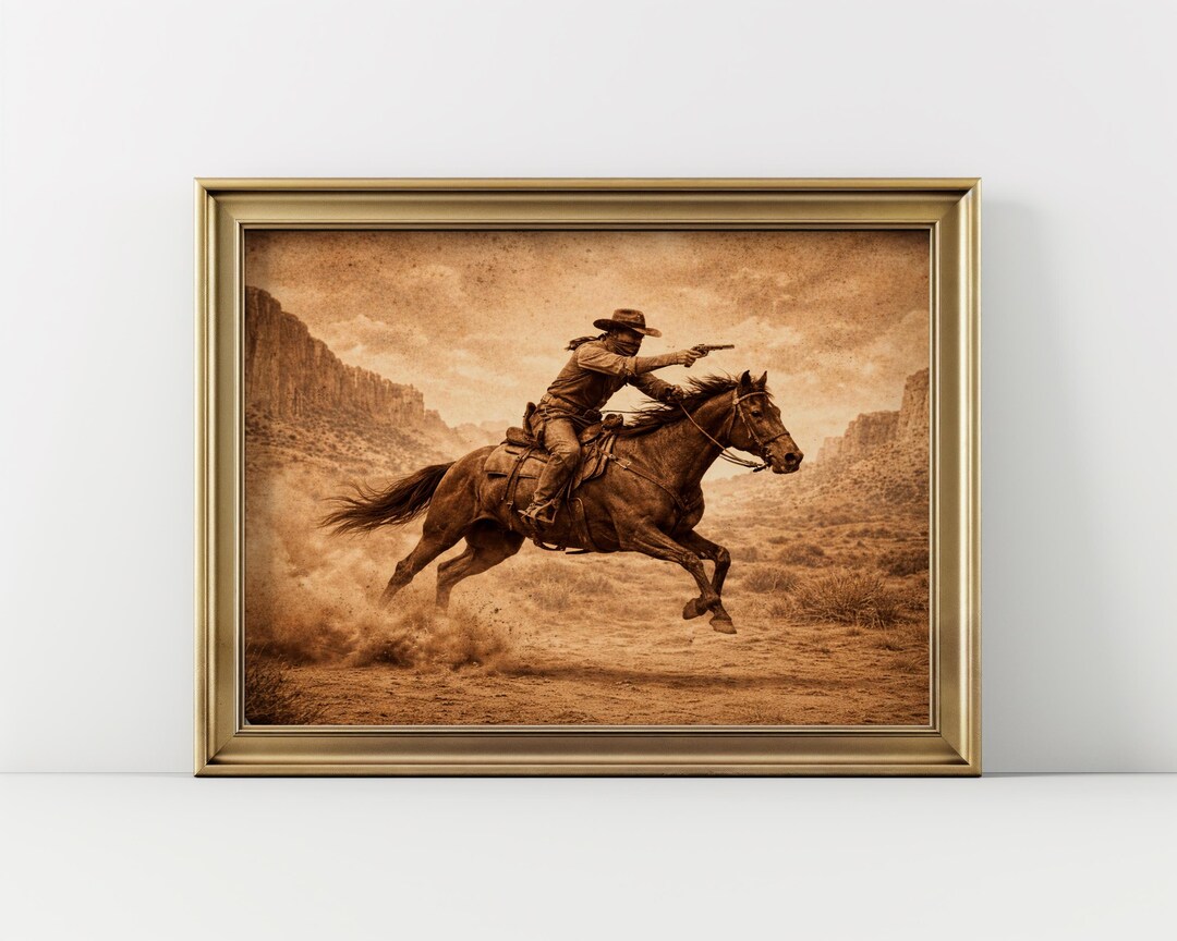 Western Cowboy Wall Art, Old West Horse Rider Gunfighter Print, Rustic ...