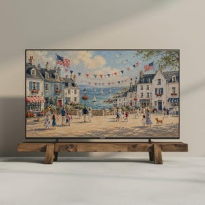 May include: A flat-screen television displaying a coastal town scene with American flags and bunting, people walking, and a dog, all resting on a rustic wooden bench with thick legs. The screen shows a detailed painting of a seaside village.