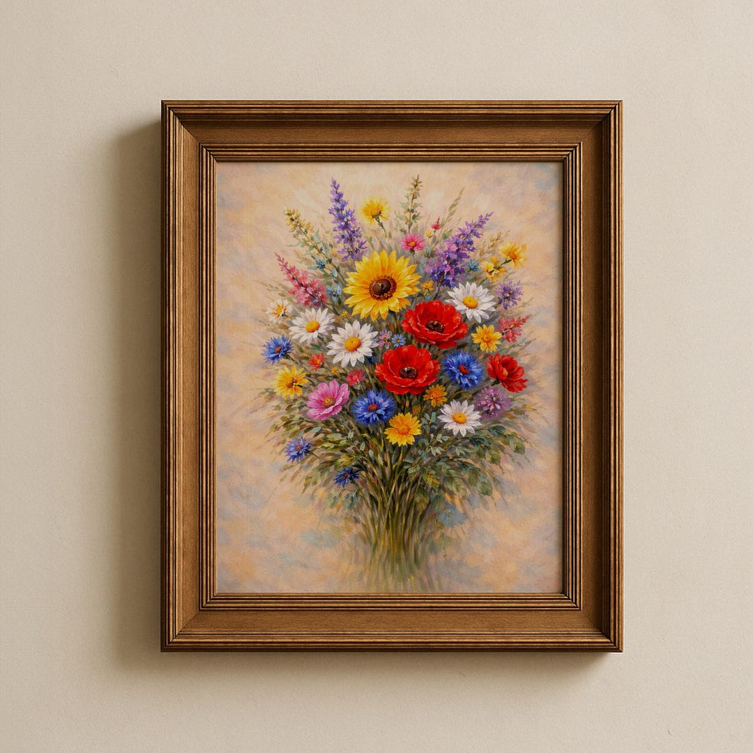 Wildflower Bouquet Wall Art Print, Colorful Floral Oil Painting ...