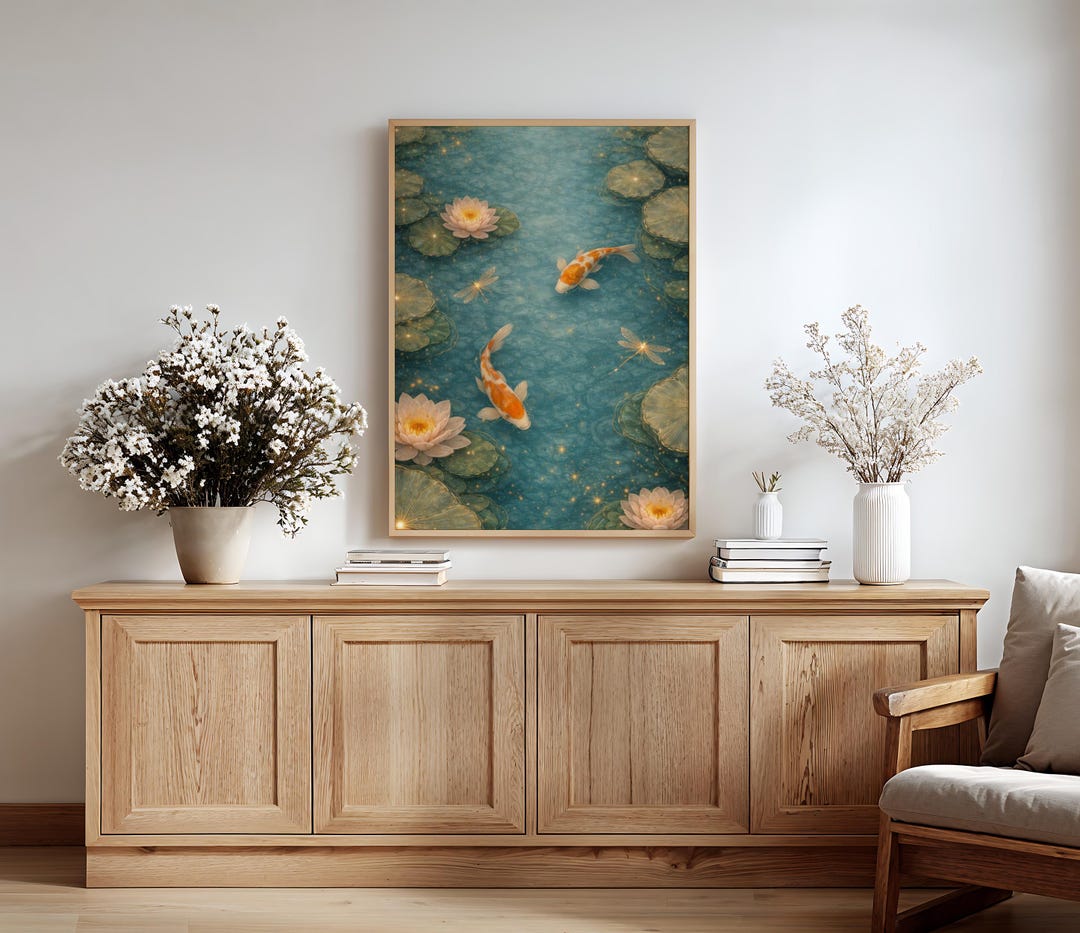 Koi Fish Wall Art Printable, Lotus Pond Zen Decor, Japanese Inspired ...
