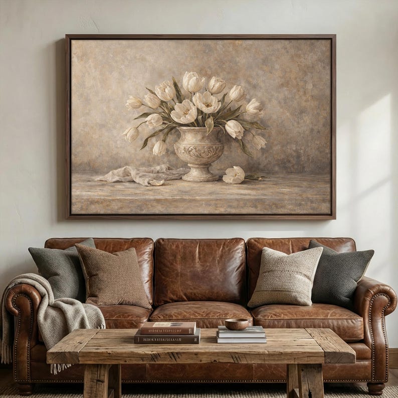 Neutral Tulip Still Life Wall Art, Vintage Floral Oil Painting, Beige ...