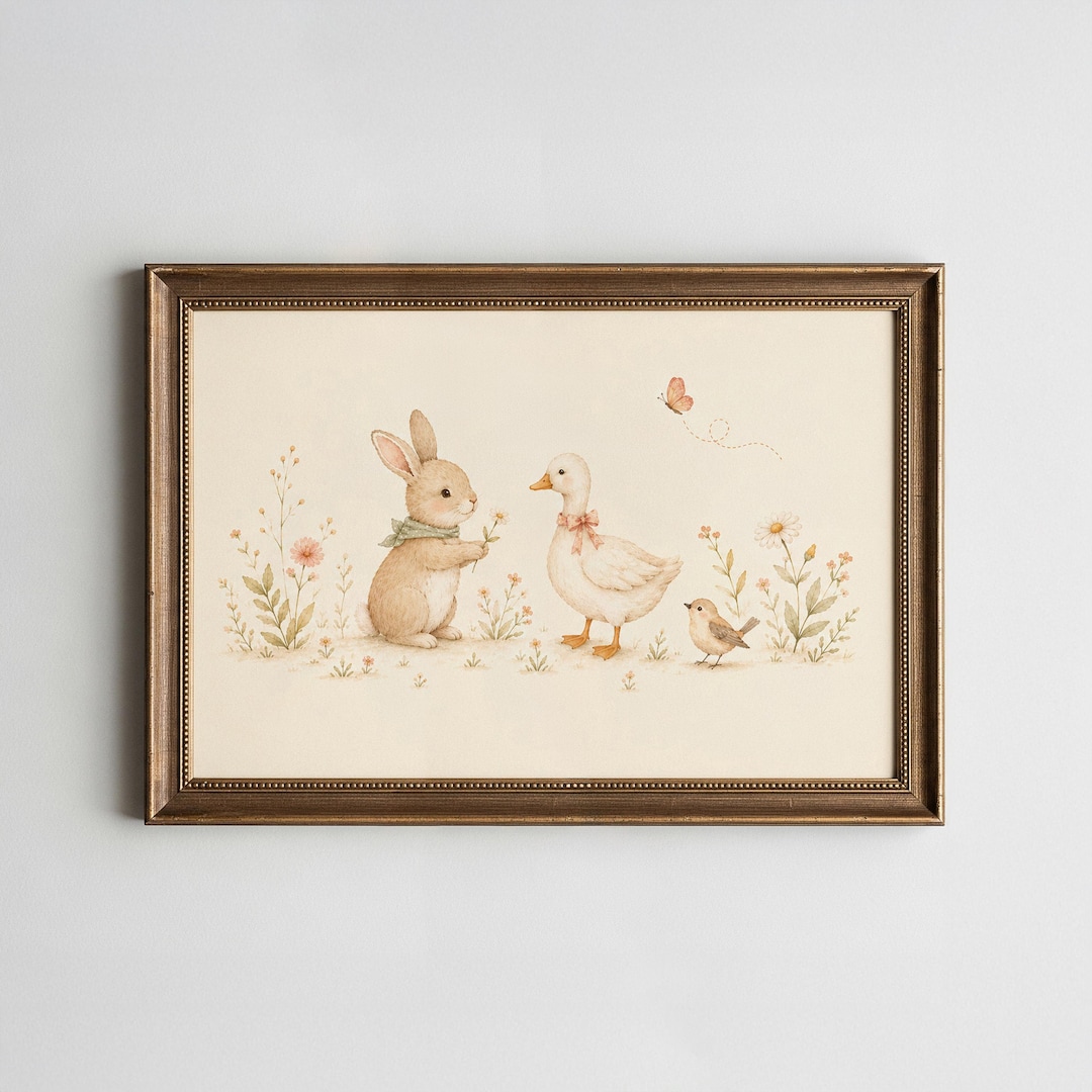 Bunny and Duck Nursery Wall Art, Vintage Baby Animal Printable, Neutral ...