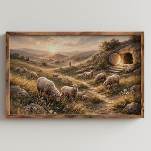 Peut inclure: Peinture de paysage encadrée représentant des moutons broutant dans un champ. L'œuvre utilise une palette de couleurs chaudes, avec un chemin menant à une grotte avec une grosse pierre. Le ciel est rempli d'un coucher de soleil doré, et le cadre est en bois.
