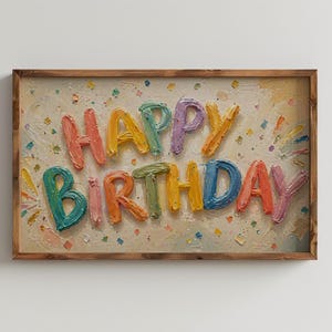 May include: A wooden framed artwork featuring the words "HAPPY BIRTHDAY" in textured, colourful lettering. The letters are in shades of pink, yellow, green, blue, and purple, set against a cream background with confetti. The frame is made of wood.