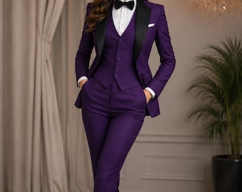 Violetter 3-teiliger Damenanzug, lila Frack für Frauen, maßgeschneiderter Hosenanzug, formelle Blazer-Westen-Hosen-Set, Hochzeitsgastanzug, Geschäftsanzug