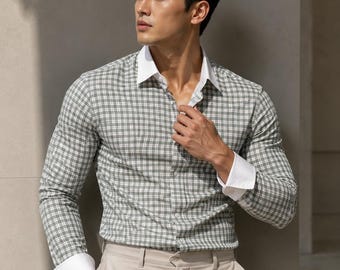 Herrenhemd grün kariert: Slim Fit Hemd, Baumwollhemd, Business Casual Hemd, langärmliges Hemd, kariertes Hemd, Geschenk für Ihn