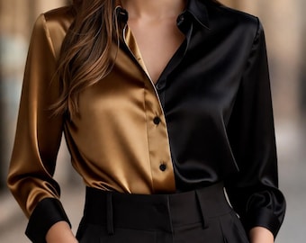 Zweifarbige Seidenbluse: Gold & Schwarz Farbblock, lange Ärmel Arbeitskleidung, formelle Kleidung Hemd, Geschäftskleidung, edle Seidenbluse, Bürokleidung