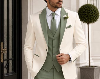 Abito da uomo avorio e verde salvia a 3 pezzi, abito da sposo, abito formale verde salvia per uomo, smoking moderno slim fit, completo da testimone dello sposo, smoking