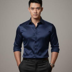 Camisa de seda azul marino para hombre: Camisa elegante de manga larga, camisa de vestir para hombre, ropa formal, camisa de oficina, ropa de seda para hombre, camisa con botones