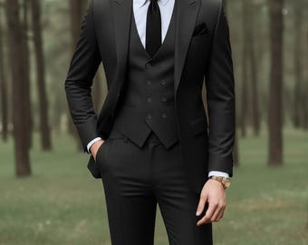 Men's Black 3-Piece Suit | Pant Suits for Men | Groom Wedding Suit | Custom Fit Men's Blazer Vest Pant Set | Formal Business Suit for Men
