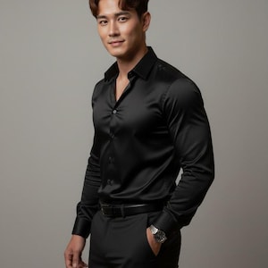 Camisa masculina de seda preta: Camisa de seda elegante para homens, mangas compridas, ideal para o escritório, camisa formal, roupa de negócios masculina, camisa de seda sofisticada, ótima opção para presente.