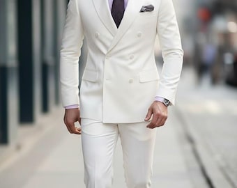 White Double-Breasted Suit: Custom Tailored Slim Fit, Wedding Groomsmen Suit