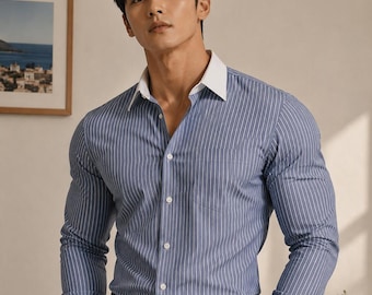 Herren Blau Nadelstreifen Hemd | Slim Fit Business Casual Button-Down | Langarm-formales Büro-Hemd | Modernes klassisches Kragenhemd