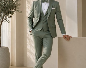 Salbeigrüner 3-teiliger Herrenanzug, Bräutigam Hochzeitsanzug, Slim Fit Groomsmen Smoking, formeller Abschlussballanzug für Männer, modernes Empfangsoutfit, Herrenanzug