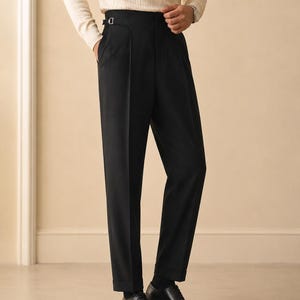 Men's Black Pleated Trousers | High Waisted Side Adjuster Dress Pants | Tailored Formal Pants | Vintage Inspired Luxury Menswear | Trousers image 2