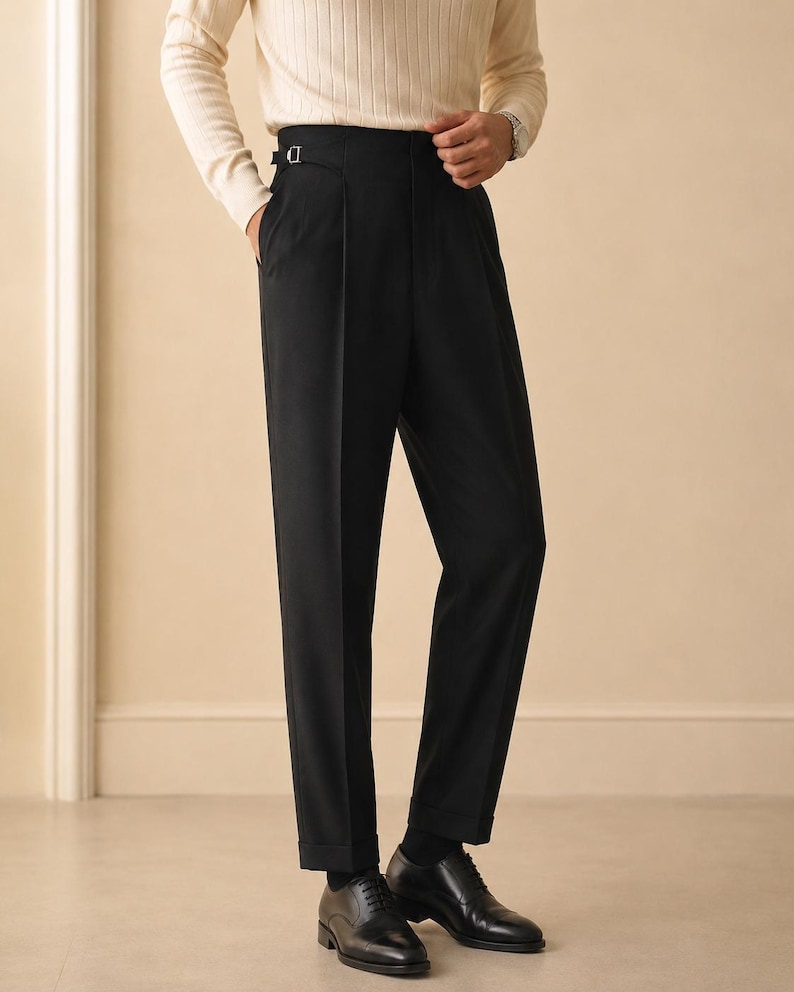 Men's Black Pleated Trousers | High Waisted Side Adjuster Dress Pants | Tailored Formal Pants | Vintage Inspired Luxury Menswear | Trousers image 2