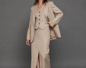 Beiges 3-teiliges Set für Damen – Elegante Blazer-Weste & Midi-Rock-Outfit – Minimalistische Bürokleidung – Schickes formelles Co-Ord Set