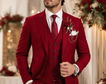 Herren roter Hochzeitsanzug 3-teilig - weinroter Bräutigam Anzug - Formeller Abschlussball-Smoking - Slim Fit roter Anzug - Groomsmen-Anzug - Luxus-Hochzeitsoutfit - Anzug