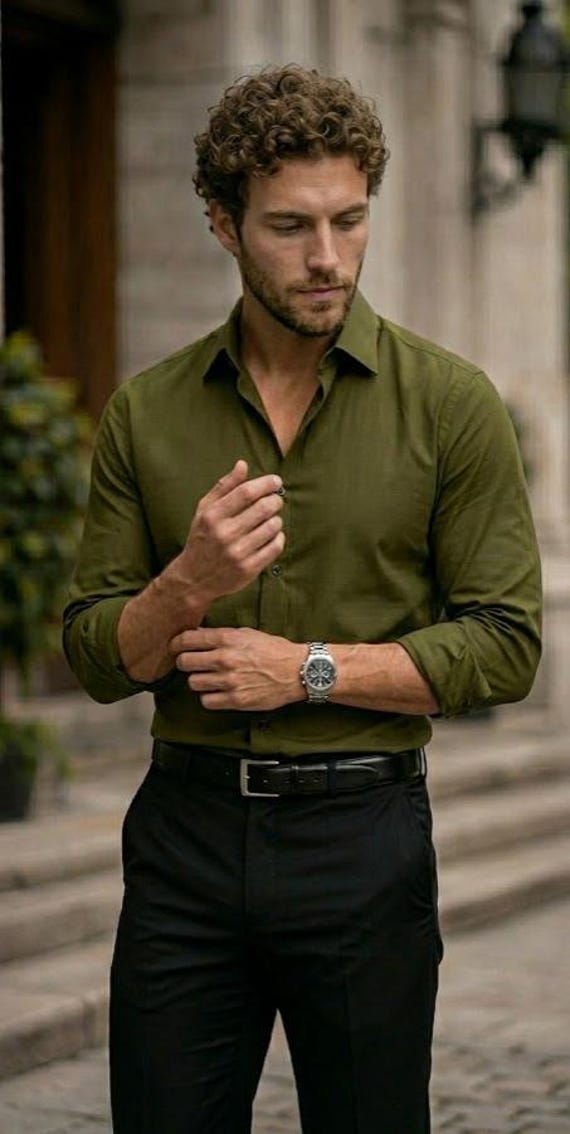 Olive Green Dress Shirt Men Shein Shein Men Medium Length Lapel Collar Short Sleeve Shirt For