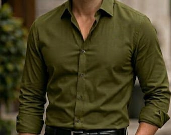 Herren Olivgrünes Baumwollhemd: Elegantes Slim-Fit-Hemd für Männer, Button Down Shirt Männer, Formelles Hemd, Businesskleidung, Langarmhemd, Geschenk
