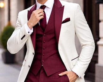 Klassischer 3-teiliger Frack im Vintage-Stil mit dezentem weißen Blazer – Hochzeitsanzug, Bräutigam Anzug, Maßgeschneidert, Maßgeschneidert, Texudo