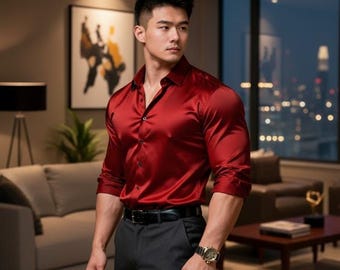 Camisa de satén de seda roja para hombre: corte entallado, elegante prenda de trabajo.