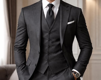 Anthrazit Grauer 3 Teiliger Anzug für Männer, Slim Fit Anzug Set, Hochzeitsanzug Bräutigam Outfit Klassischer Business Anzug Weste Blazer Hose
