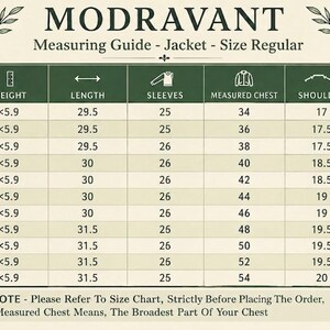 May include: A Modravant jacket size regular measuring guide chart with columns for size, height, length, sleeves, measured chest, shoulder, and neck. The table lists sizes from 34R to 54R with corresponding measurements in inches and a note below.