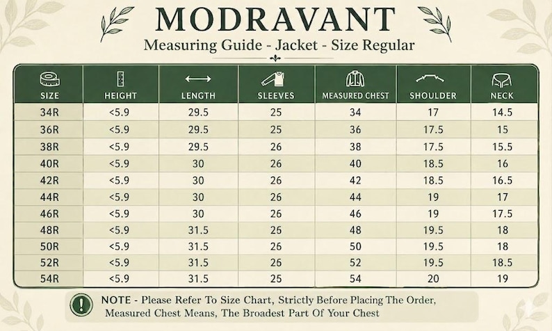 May include: A Modravant jacket size regular measuring guide chart with columns for size, height, length, sleeves, measured chest, shoulder, and neck. The table lists sizes from 34R to 54R with corresponding measurements in inches and a note below.
