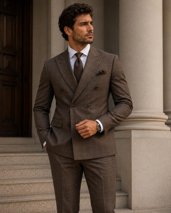 Dark Brown Double Breasted Suit Men, Windowpane Check Suit, Wedding Suit Groom, Slim Fit Formal Suit, Luxury Mens Suit, Custom Tailored Suit
