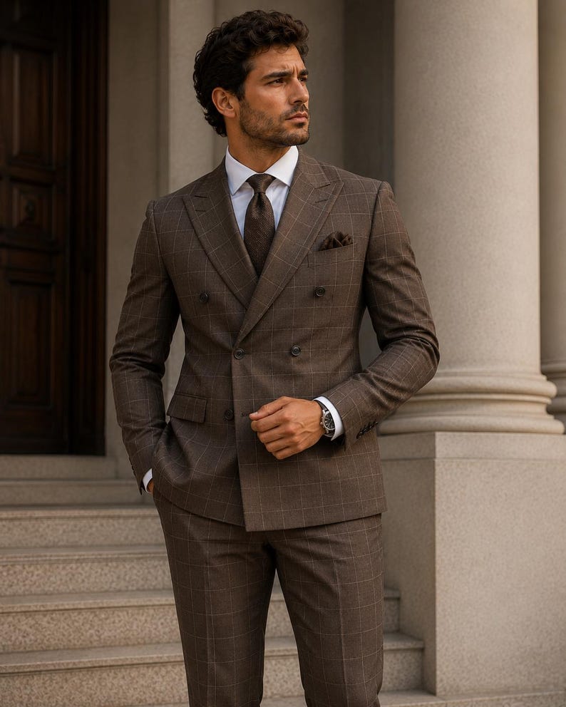 May include: A double-breasted brown suit featuring a subtle windowpane check pattern, paired with a crisp white collared shirt, a dark brown patterned necktie, and a matching brown pocket square tucked into the chest pocket of the jacket.