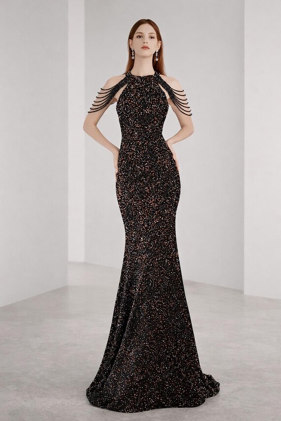 Black Sequin Evening Gown, Mermaid Formal Dress, Luxury Party Dress, Halter Neck Prom Dress, Elegant Gala Outfit, Wedding Guest Dress, Gift