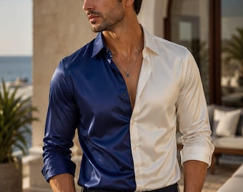 Men’s Silk Shirt, Navy Blue and White Shirt, Luxury Silk Style Button Down, Color Block Dress Shirt for Men, Party Wedding Outfit, Men Shirt