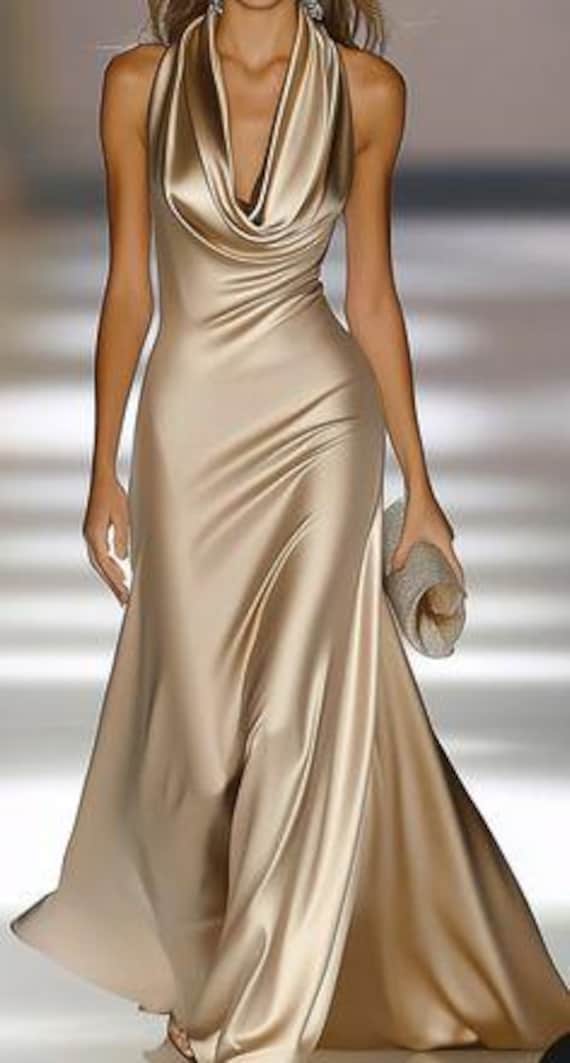 Champagne Satin Cowl Neck Dress: Elegant Evening Gown, Cowl Neck Long Dress, Party wear Dress, Wedding Guest Outfit, Minimal Luxury Dress
