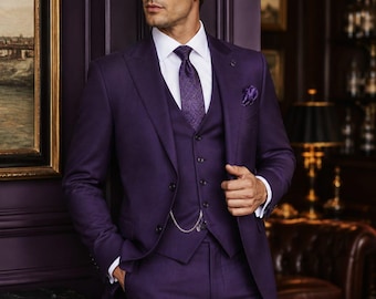 Lila 3-teiliger Herrenanzug, Eleganter Anzug für Männer, Hochzeitsanzug, Klassischer Herrenanzug, Slim-Fit-Anzug, Formelle Kleidung, Business Anzug, Herren-Smoking