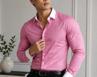 Roze katoenen button-downshirt voor heren met witte contrasterende kraag en manchetten, modern overhemd voor bruiloft, zakelijk, formele kantoorkleding, schoolbal