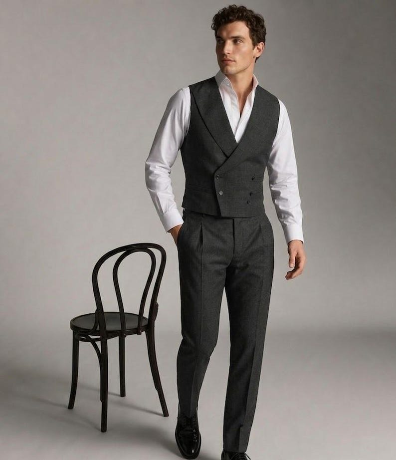 May include: A charcoal gray three-piece suit with a double-breasted vest, white dress shirt, and matching trousers. The suit is paired with black dress shoes. A black wooden chair is to the left of the subject.