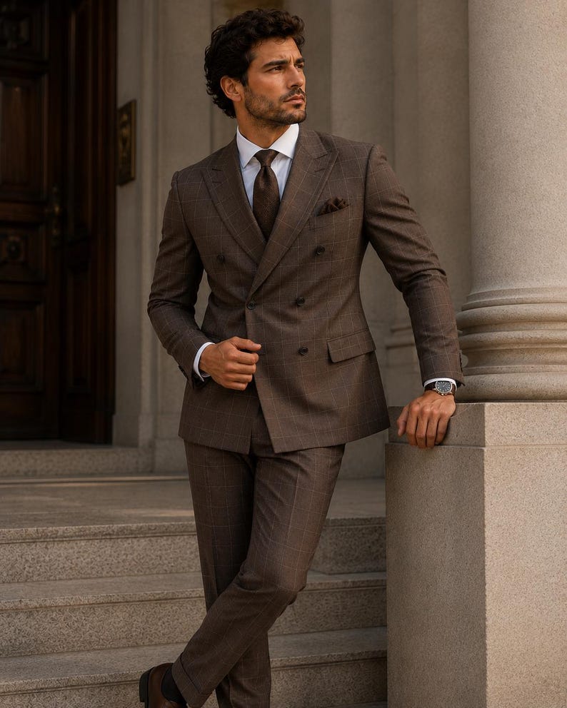 May include: A brown double-breasted suit with a subtle windowpane check pattern, worn with a crisp white collared shirt, a dark brown necktie, and a matching pocket square. The suit features structured shoulders, notched lapels, and dark buttons.